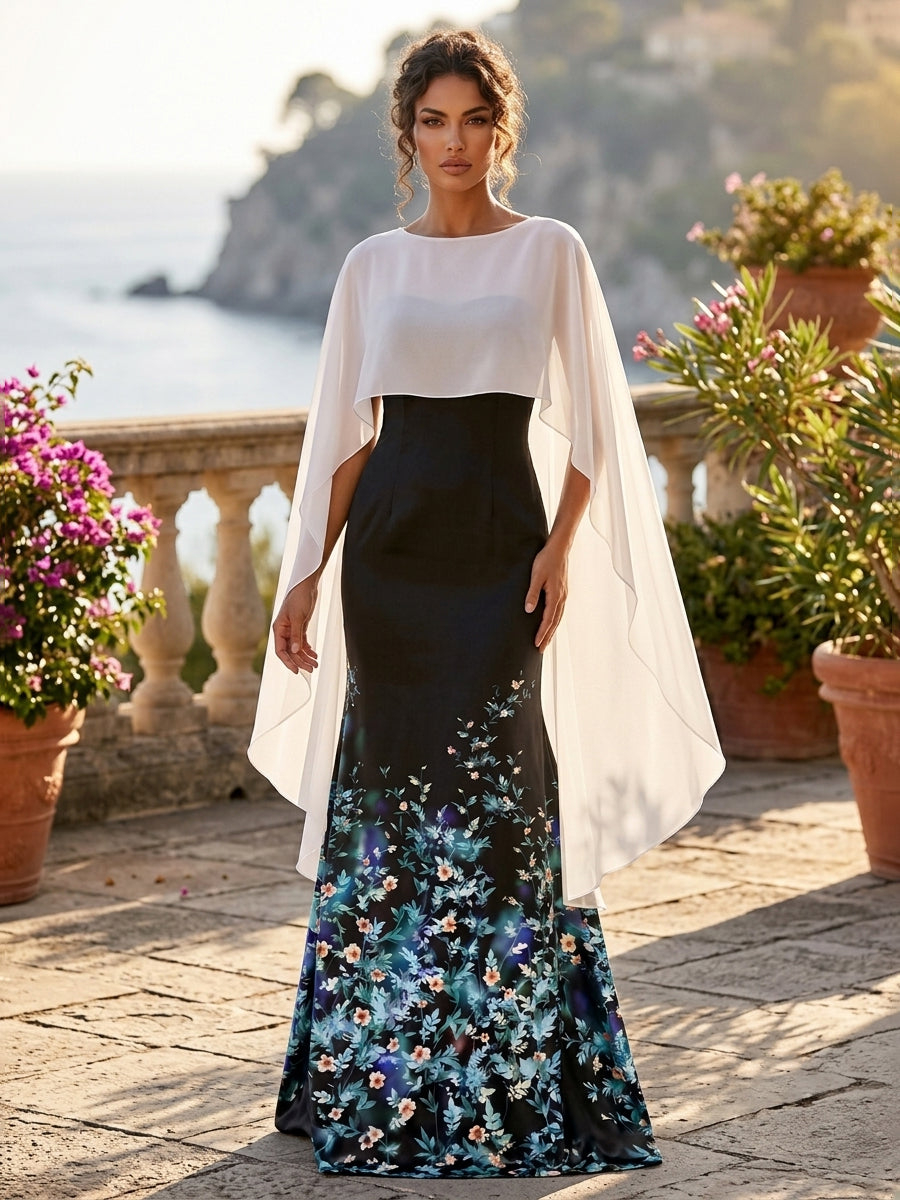 Floral Print A-Line Scoop Neck with Chiffon Cape Maxi Dress