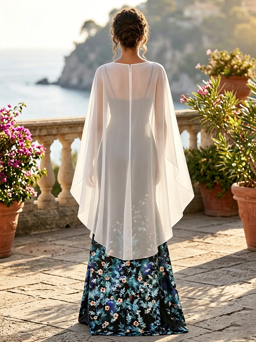 Floral Print A-Line Scoop Neck with Chiffon Cape Maxi Dress
