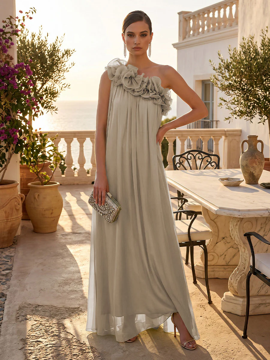 Chiffon A-Line/Princess One Shoulder Floor-Length Formal Dresses with Pleats