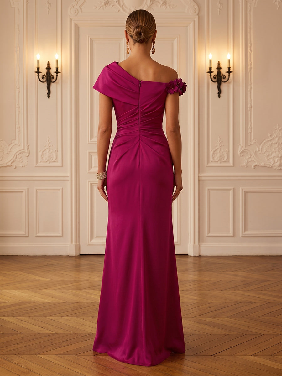 Satin Sheath Off Shoulder with Ruched Waist & Slit Maxi Dress