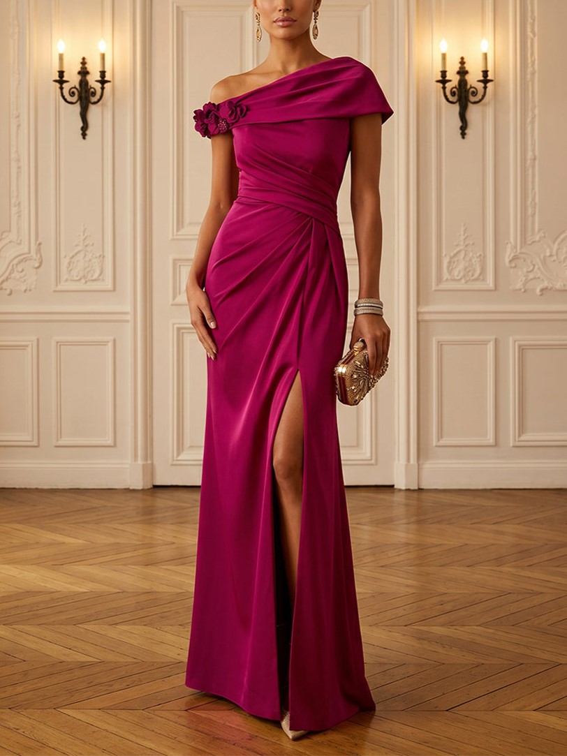 Satin Sheath Off Shoulder with Ruched Waist & Slit Maxi Dress
