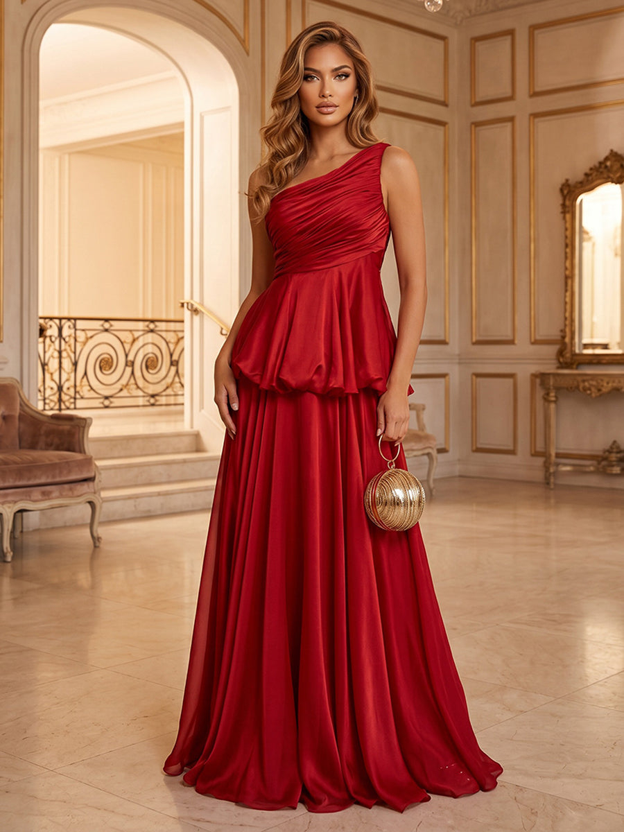 Satin A-Line One Shoulder with Pleats Maxi Dress