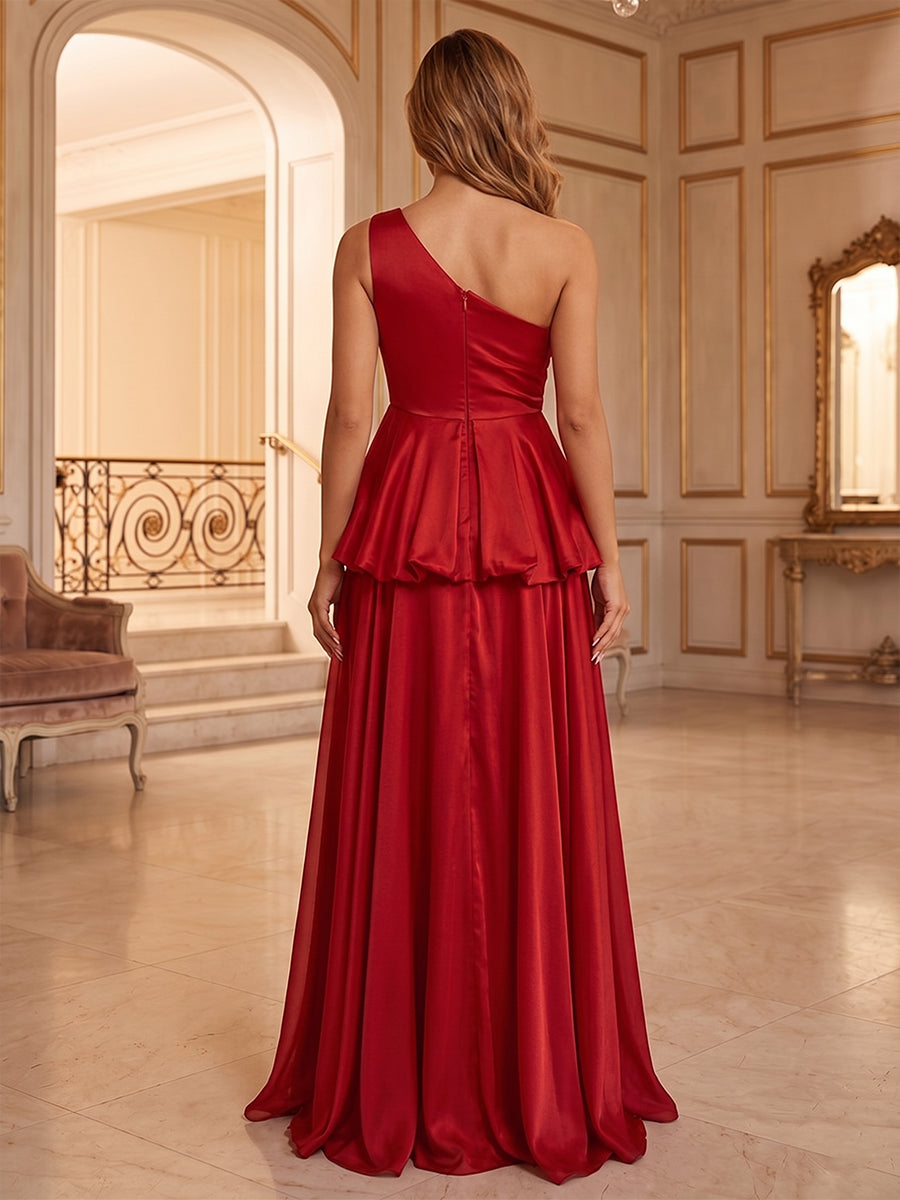 Satin A-Line One Shoulder with Pleats Maxi Dress