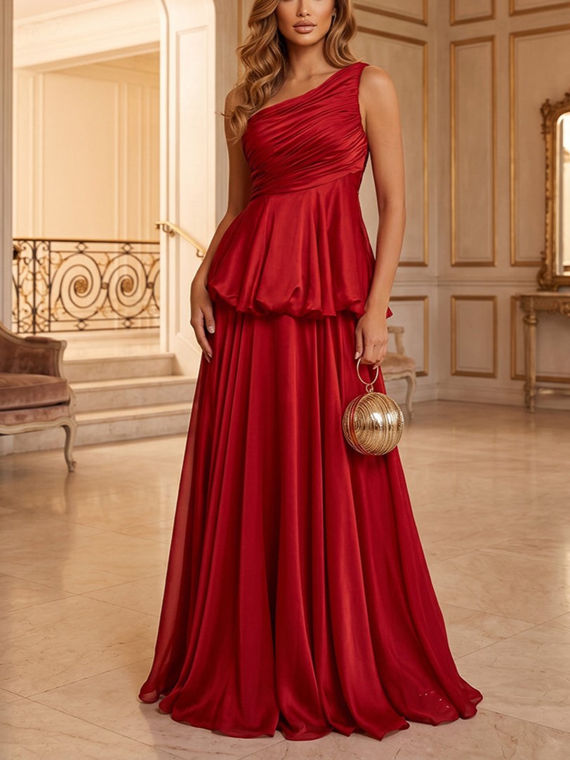 Satin A-Line One Shoulder with Pleats Maxi Dress