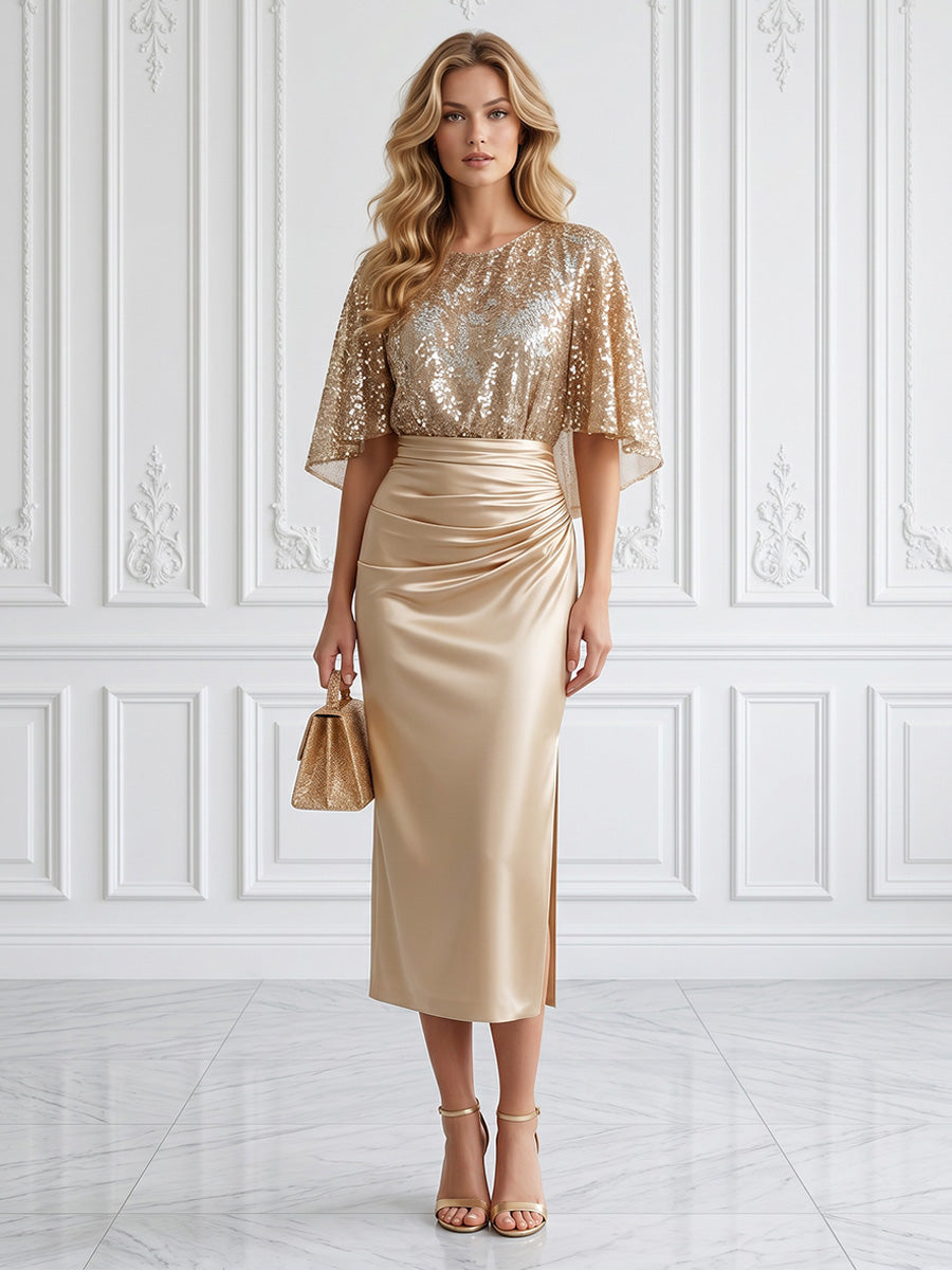 Satin Sheath Scoop Neck Ruched Waist Cocktail Midi Dress