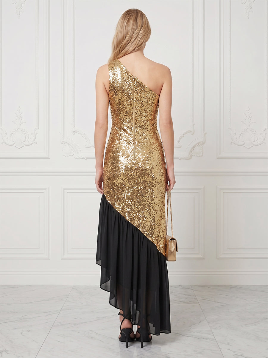 Sequin Mermaid One Shoulder with Ruffles Cocktail Maxi Dress