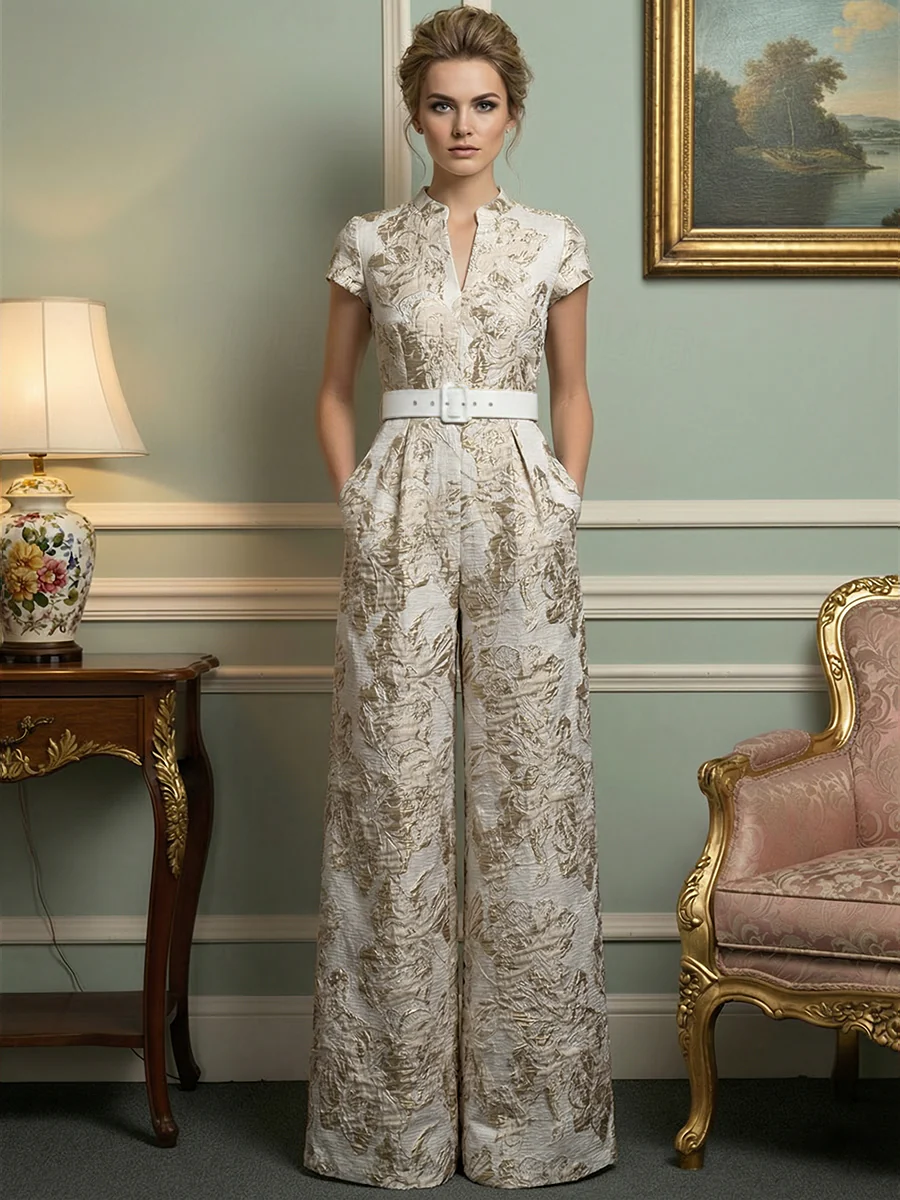Jacquard Jumpsuits V-Neck Cap Sleeve Long Mother of the Bride Dresses with Belt