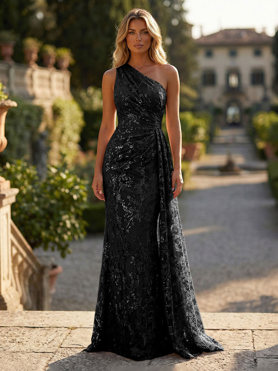 Floral Lace Embroidered One Shoulder Ruched Waist Side Train Maxi Dress
