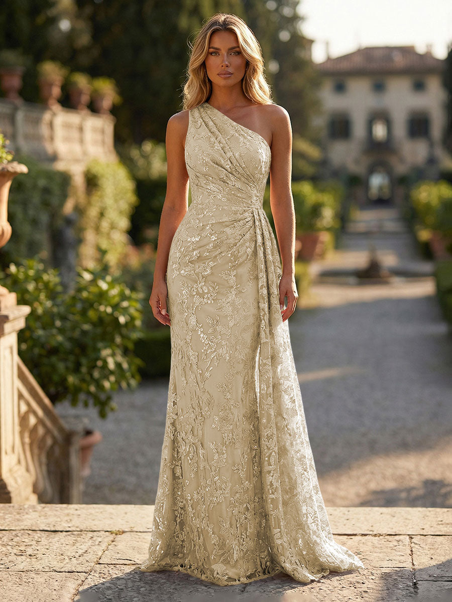 Floral Lace Embroidered One Shoulder Ruched Waist Side Train Maxi Dress