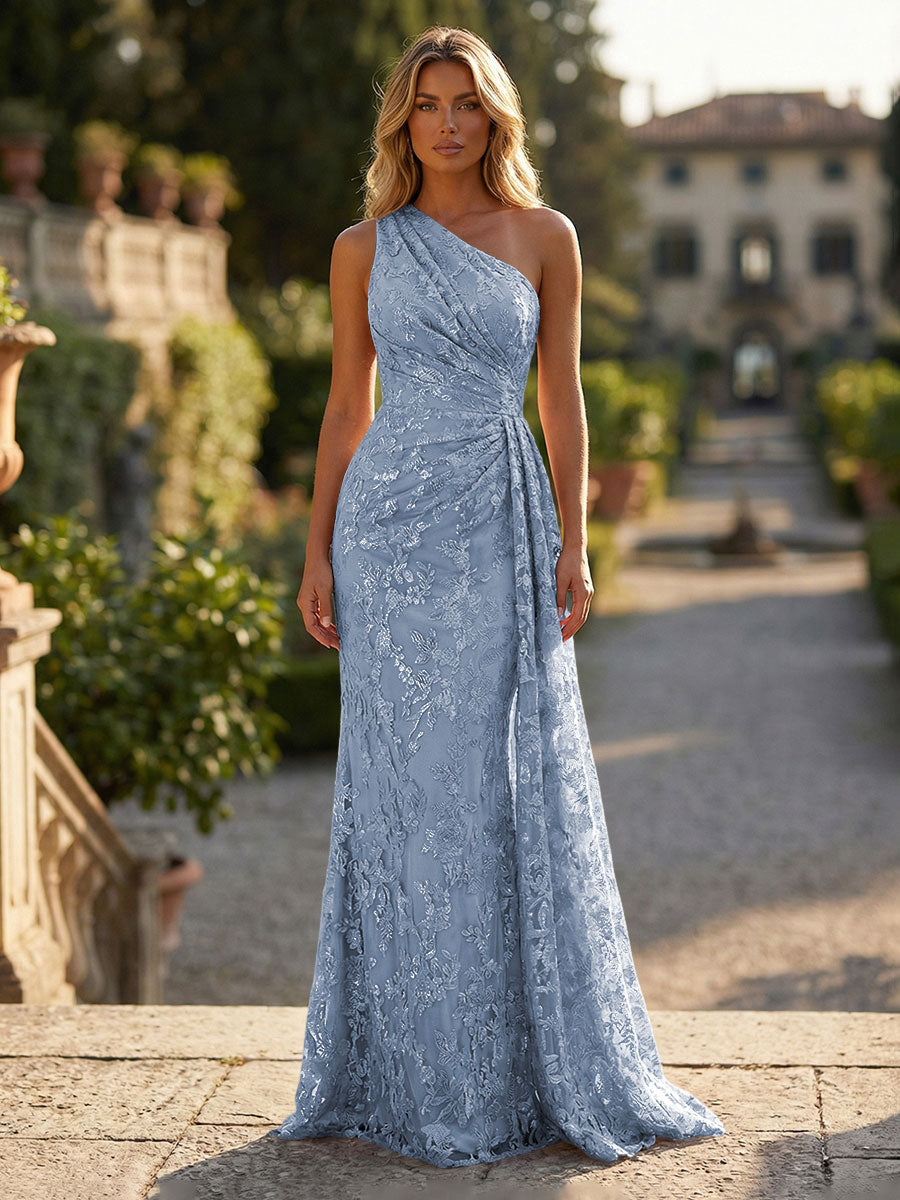 Floral Lace Embroidered One Shoulder Ruched Waist Side Train Maxi Dress