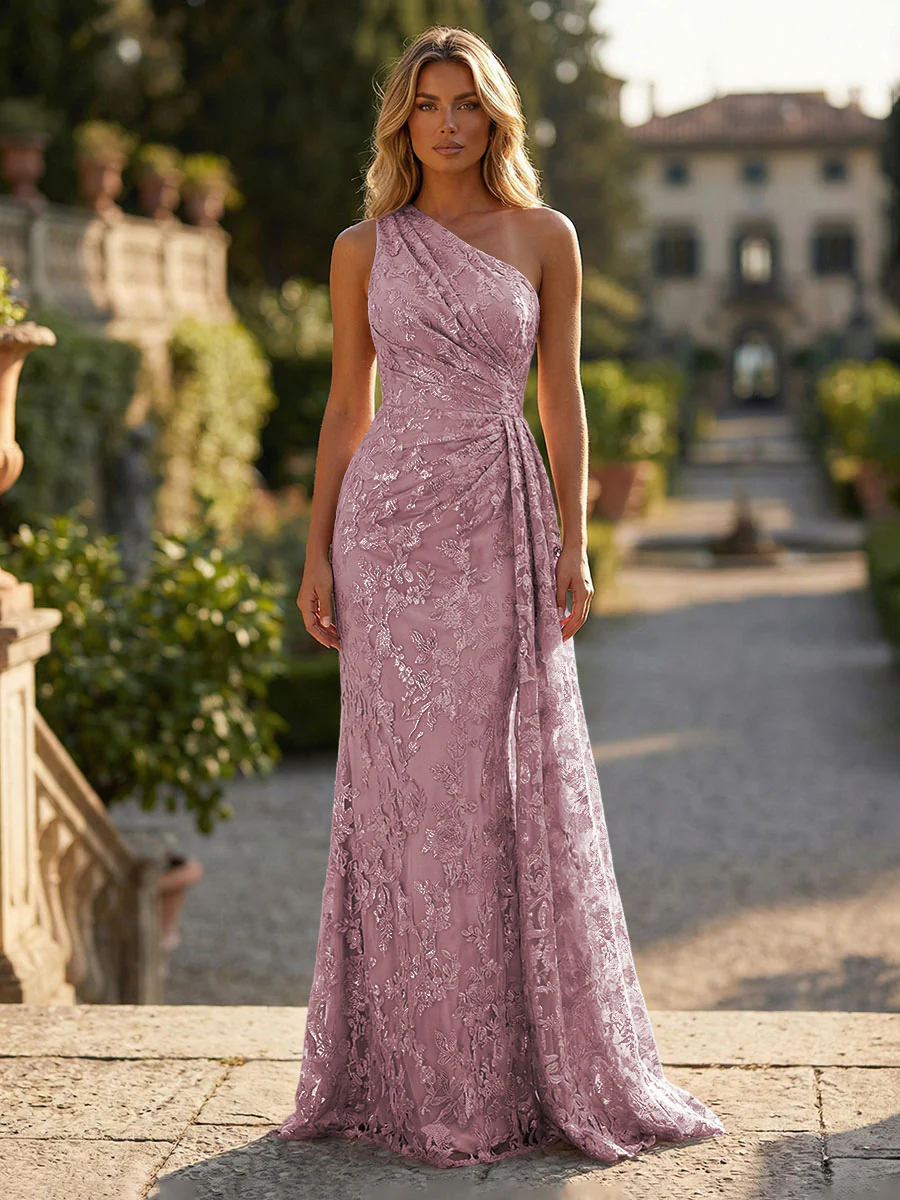 Sheath/Column Floral Lace Embroidered One Shoulder Evening Dresses Floor-Length Formal Gowns with Ruched Waist & Side Train