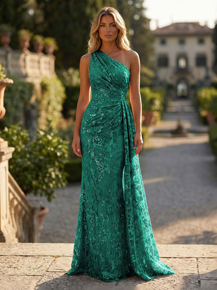 Floral Lace Embroidered One Shoulder Ruched Waist Side Train Maxi Dress