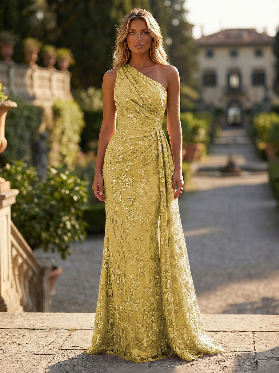 Floral Lace Embroidered One Shoulder Ruched Waist Side Train Maxi Dress