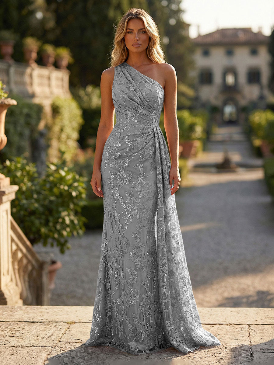 Floral Lace Embroidered One Shoulder Ruched Waist Side Train Maxi Dress