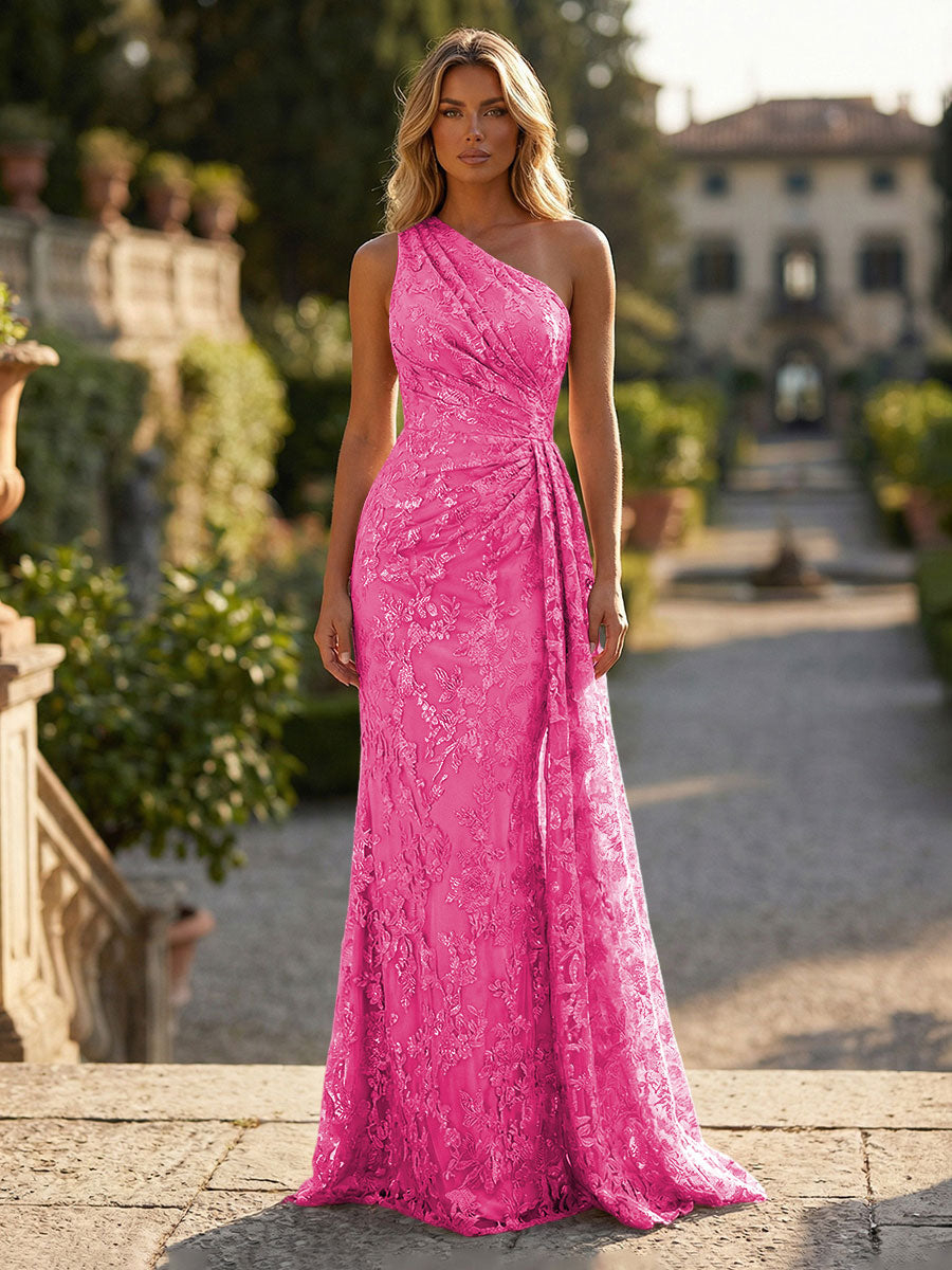 Floral Lace Embroidered One Shoulder Ruched Waist Side Train Maxi Dress
