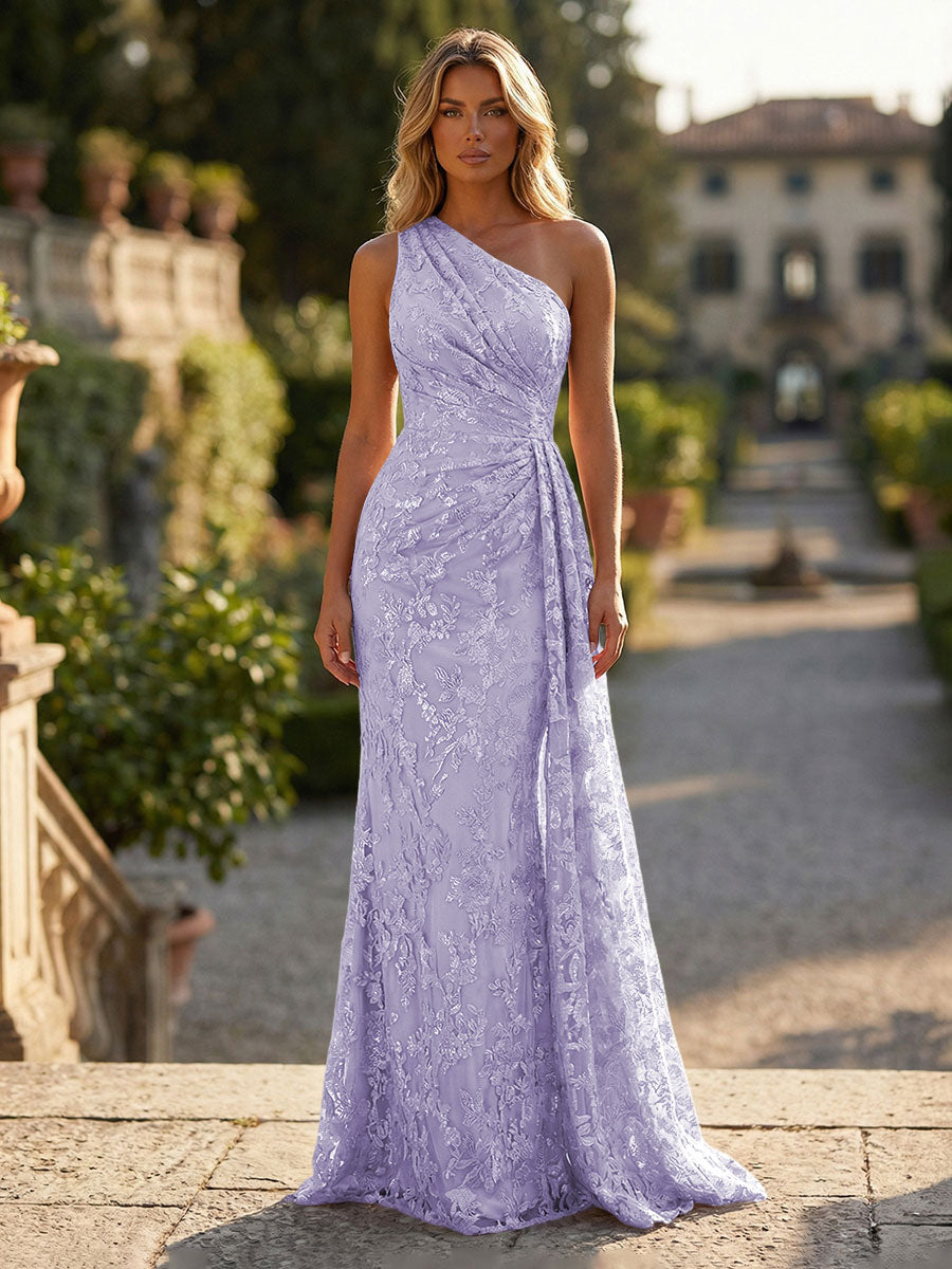 Floral Lace Embroidered One Shoulder Ruched Waist Side Train Maxi Dress
