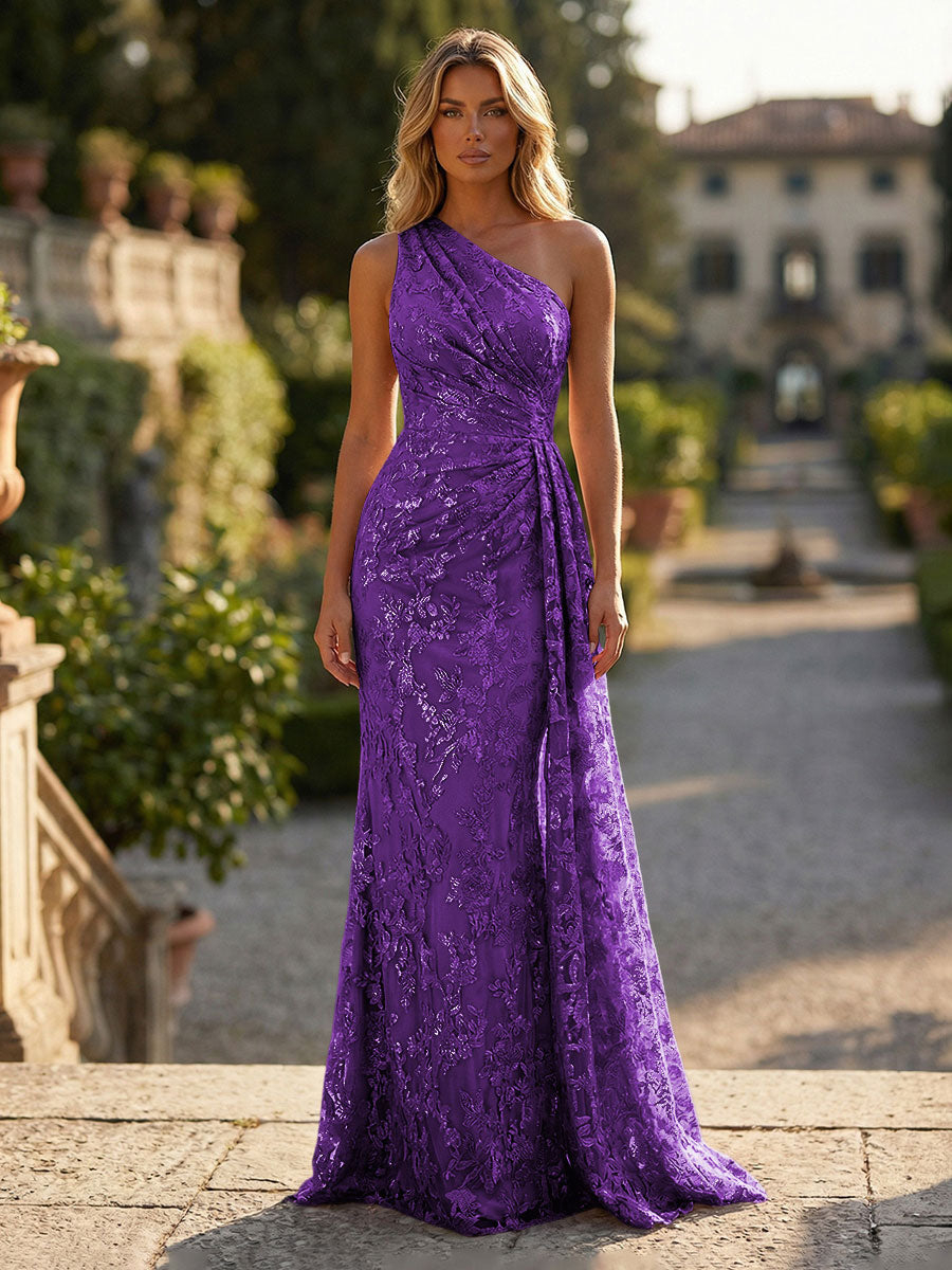 Floral Lace Embroidered One Shoulder Ruched Waist Side Train Maxi Dress