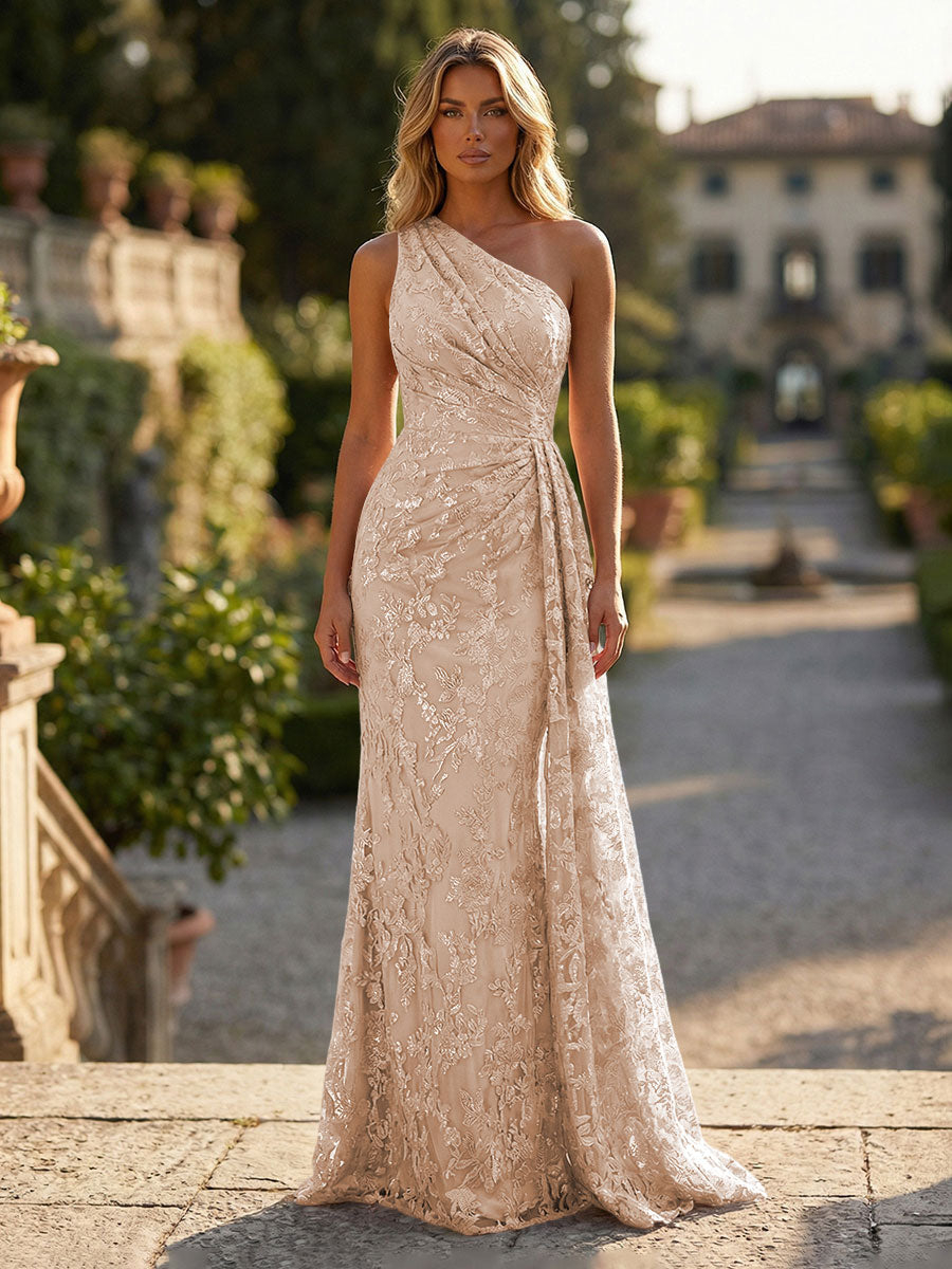 Floral Lace Embroidered One Shoulder Ruched Waist Side Train Maxi Dress