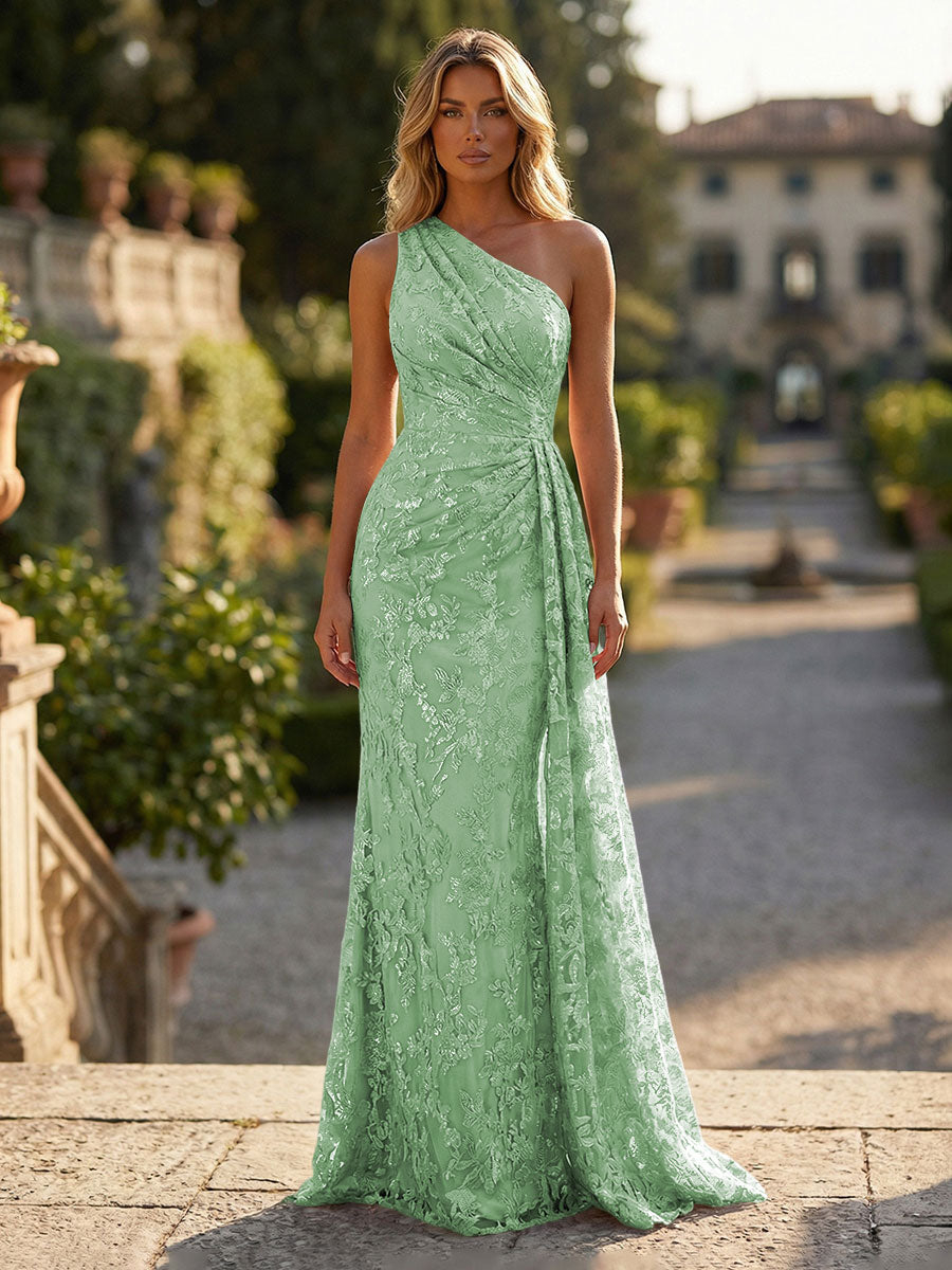 Floral Lace Embroidered One Shoulder Ruched Waist Side Train Maxi Dress
