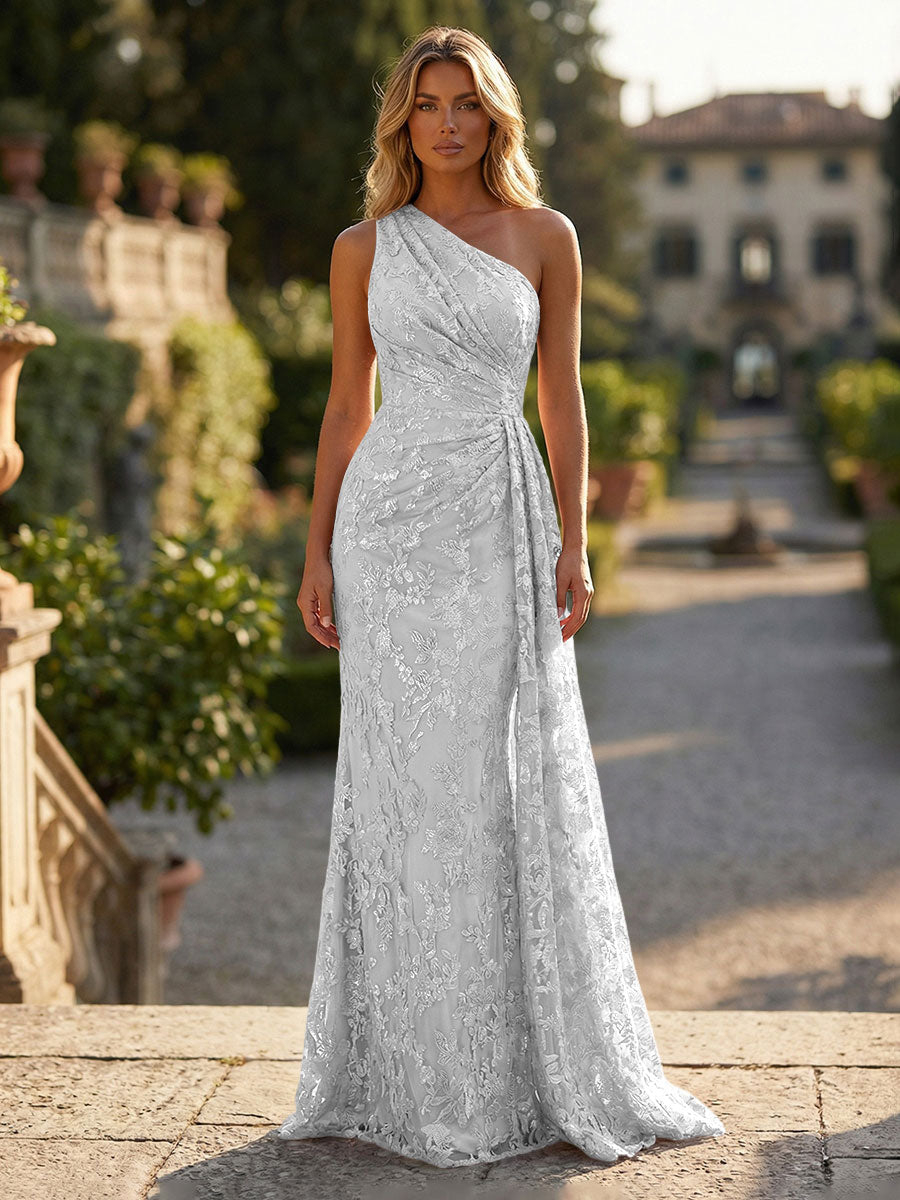 Floral Lace Embroidered One Shoulder Ruched Waist Side Train Maxi Dress