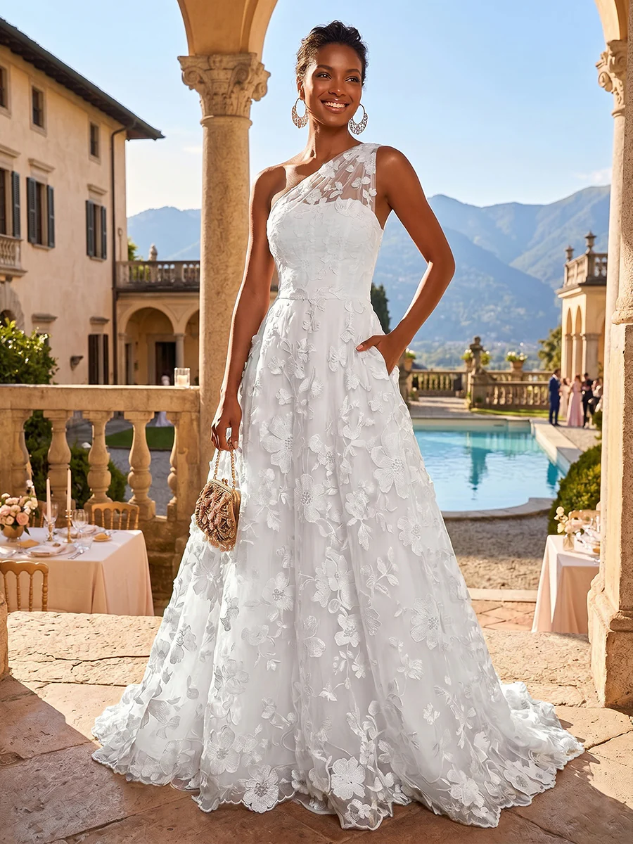 A-Line One Shoulder Floral Appliques Evening Dresses with Sweep Train