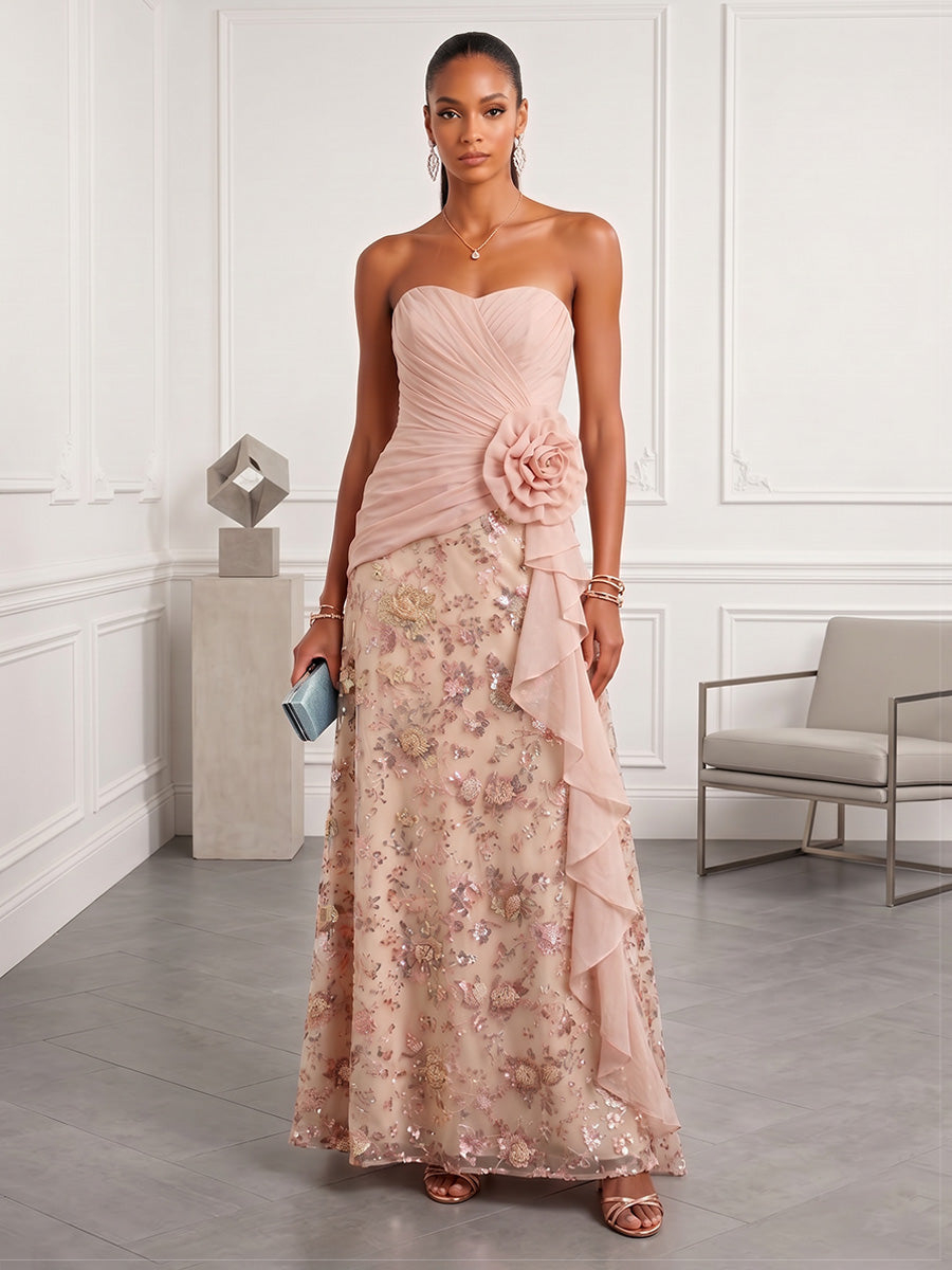 Sequin Floral A-Line Strapless with Ruffles Maxi Dress