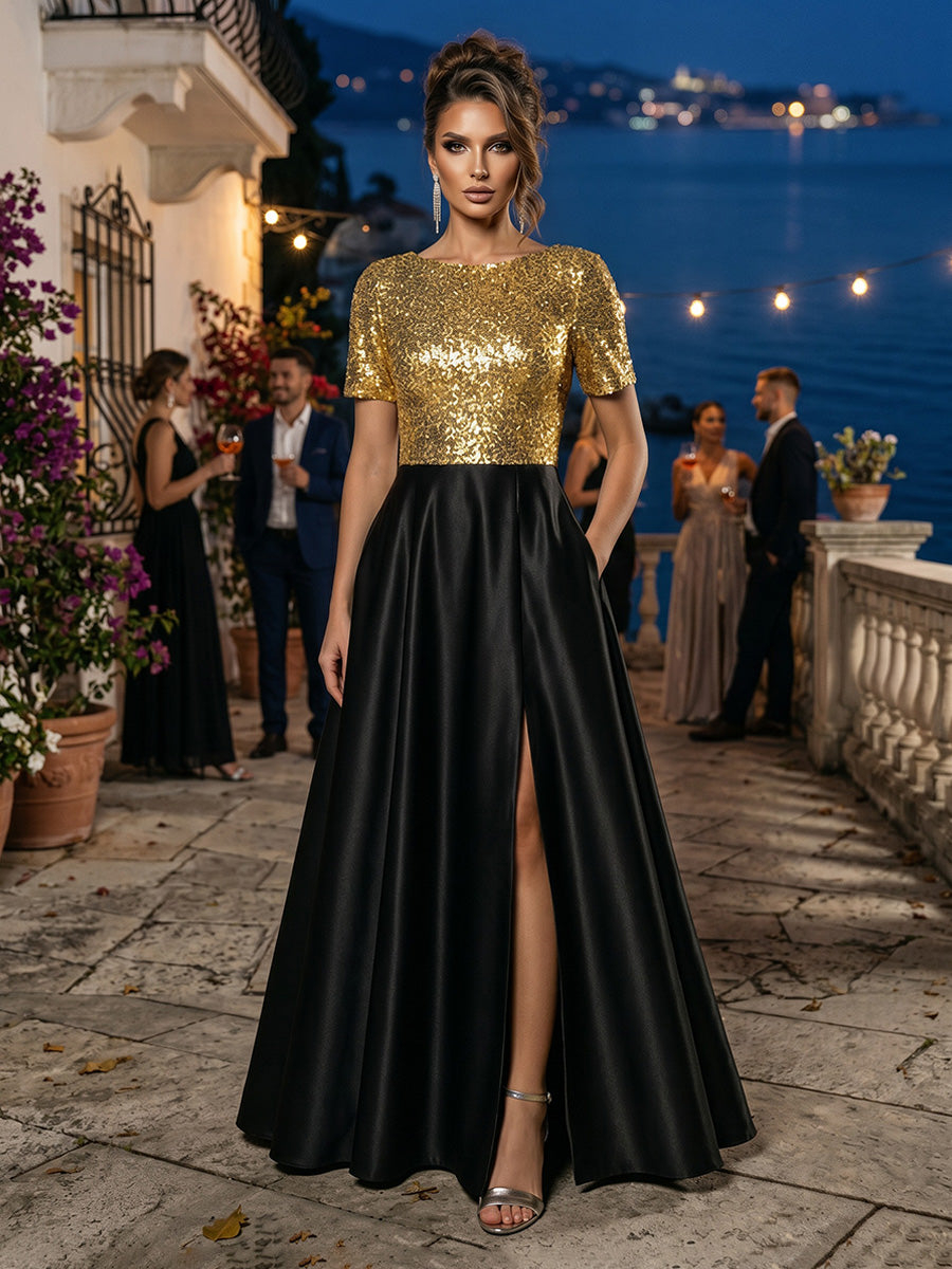 Satin A-Line Scoop Neck with Pleats & Pockets Maxi Dress