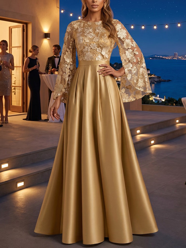 Satin A-Line Scoop Neck with Lace Appliques Bodice & Pleats Maxi Dress