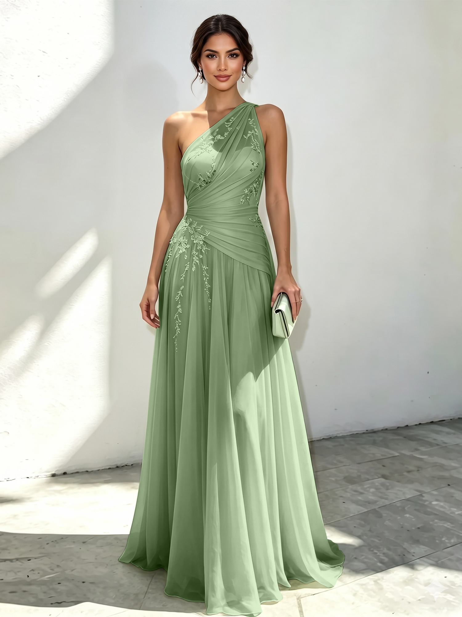 Mint Green Applique 3D Floral Chiffon One Shoulder Sleeveless A-Line Floor Length Dress