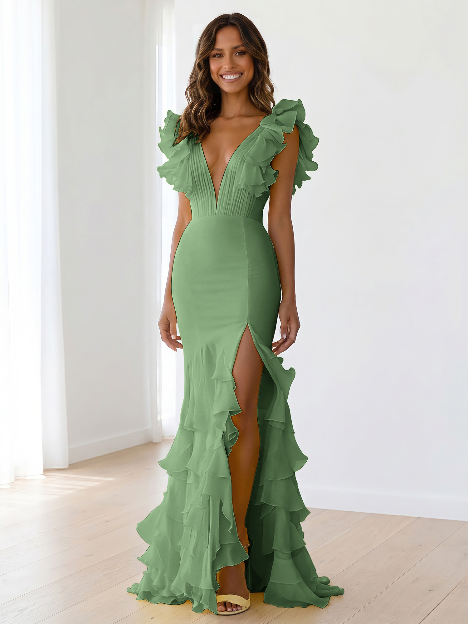 Yellow Chiffon V Neck Mermaid Ruffled Maxi Formal Dress with Slit