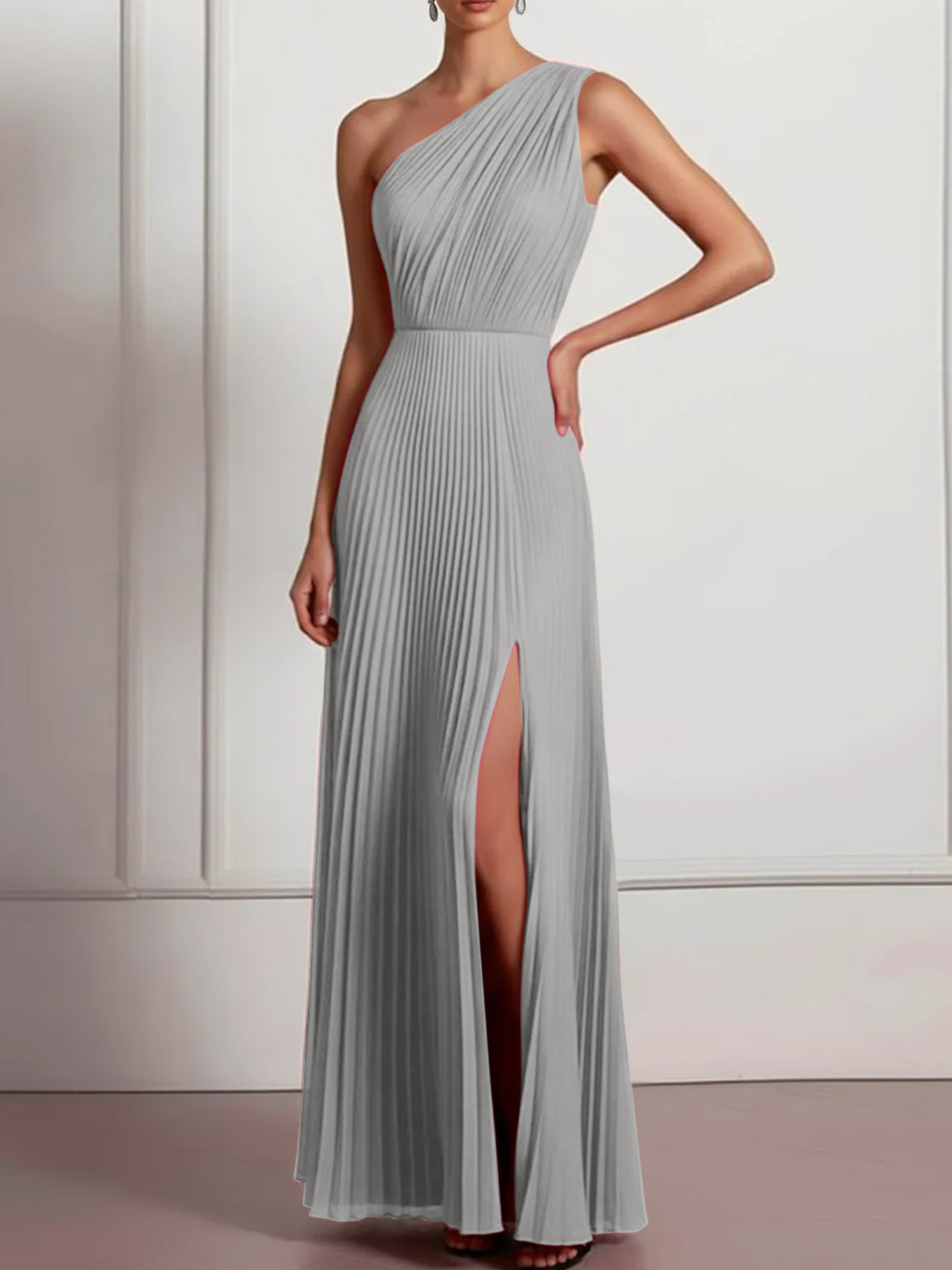 Blush Formal Party Dress One Shoulder Pleated Maxi Dress with Slit