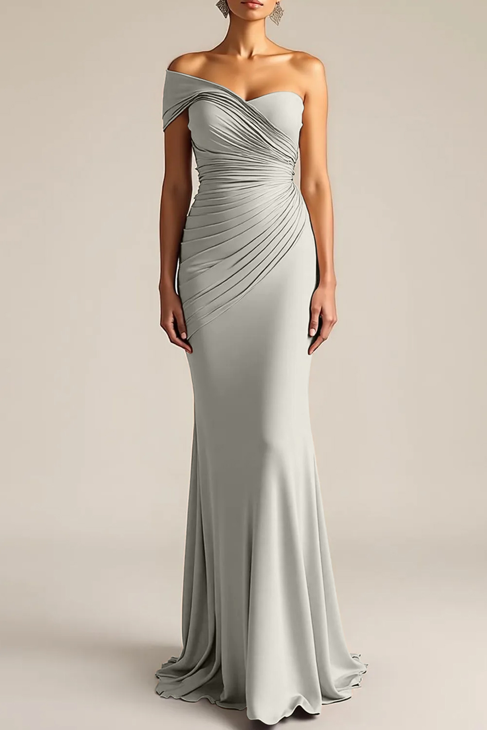 Formal Dress Light Khaki Sheath One Shoulder Maxi Dress
