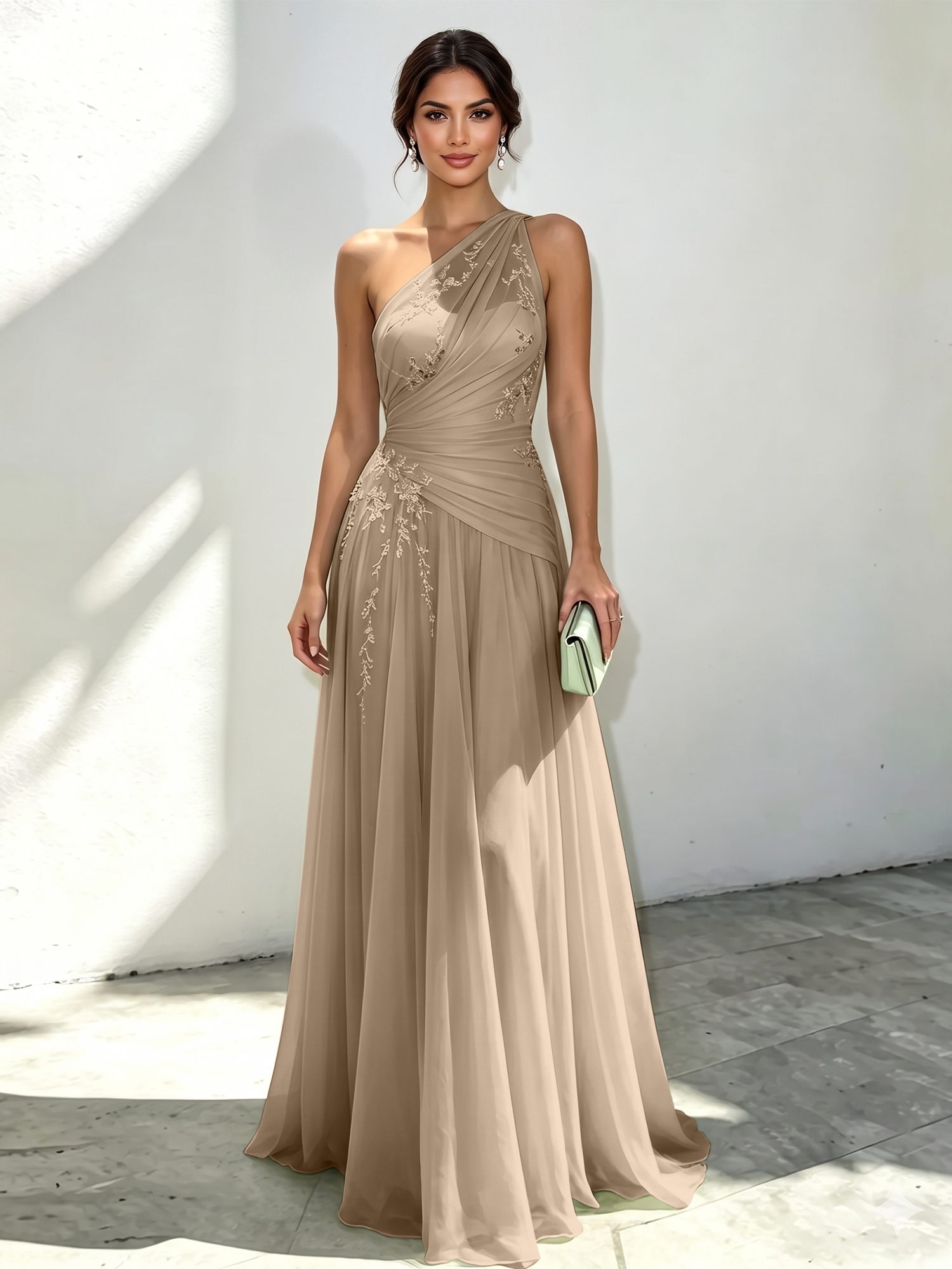 Mint Green Applique 3D Floral Chiffon One Shoulder Sleeveless A-Line Floor Length Dress