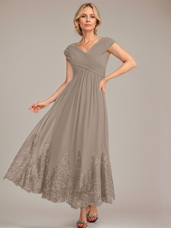 A-line V-Neck Ankle-Length Chiffon Mother of the Bride Dress With Applique Sequins