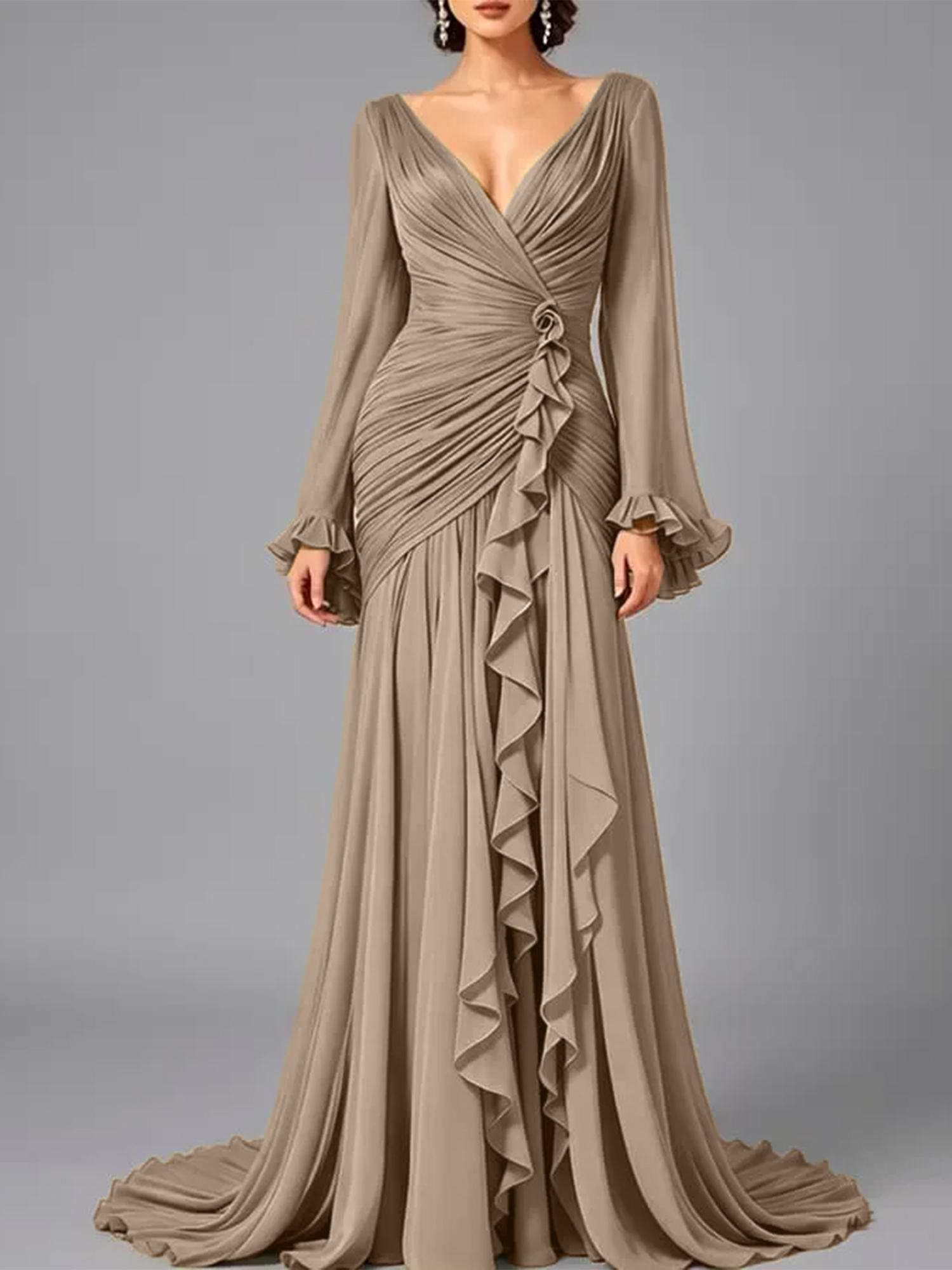 V-Neck Sheer Long Sleeve Ruffled Chiffon Dress