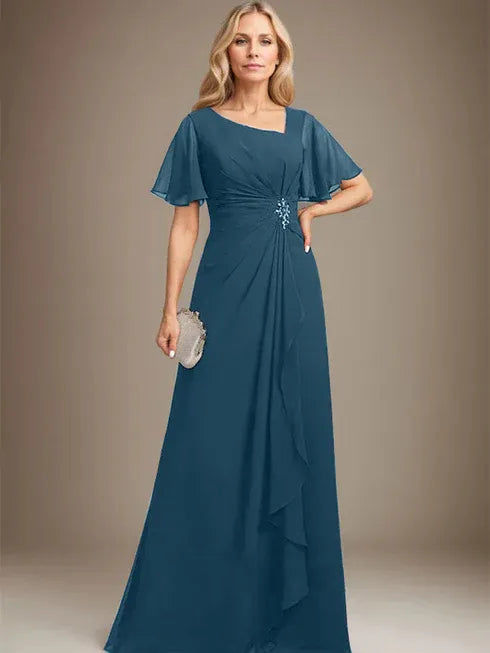 A-line Asymmetrical Floor-Length Chiffon Mother of the Bride Dress With Pleated Beading Sequins