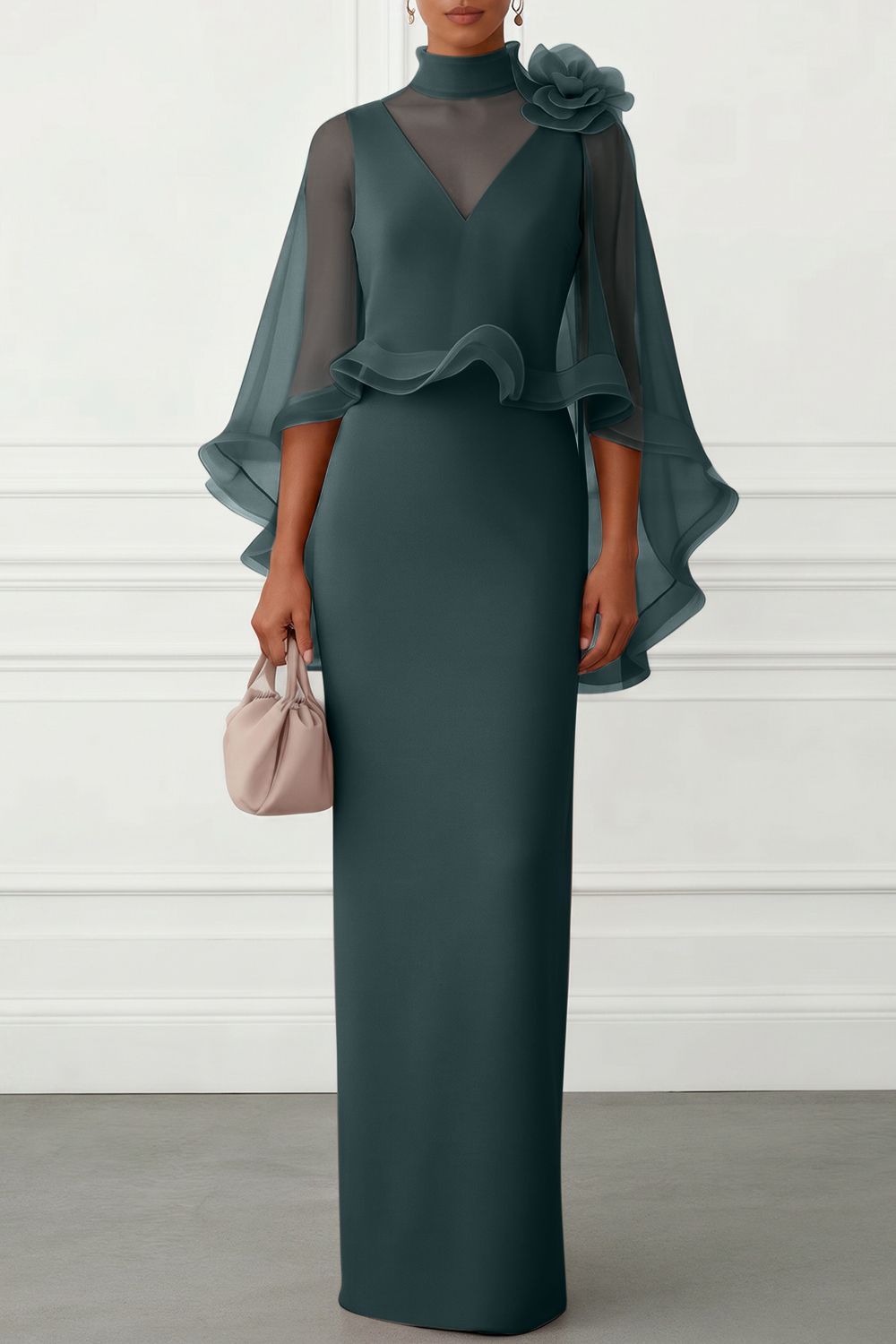 Nudepink 3D Floral Mesh Classic Mock Neck Half Sleeve Sheath Floor-length Gown Dress