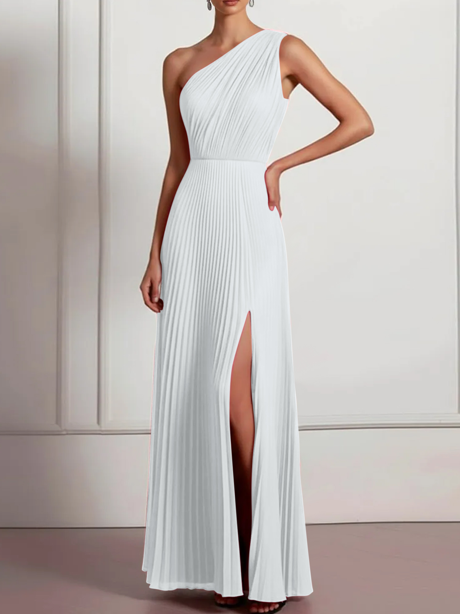 Blush Formal Party Dress One Shoulder Pleated Maxi Dress with Slit
