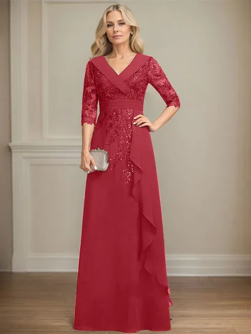 A-line Collared V-Neck Floor-Length Lace Chiffon Mother of the Bride Dress With Sequins Cascading Ruffles