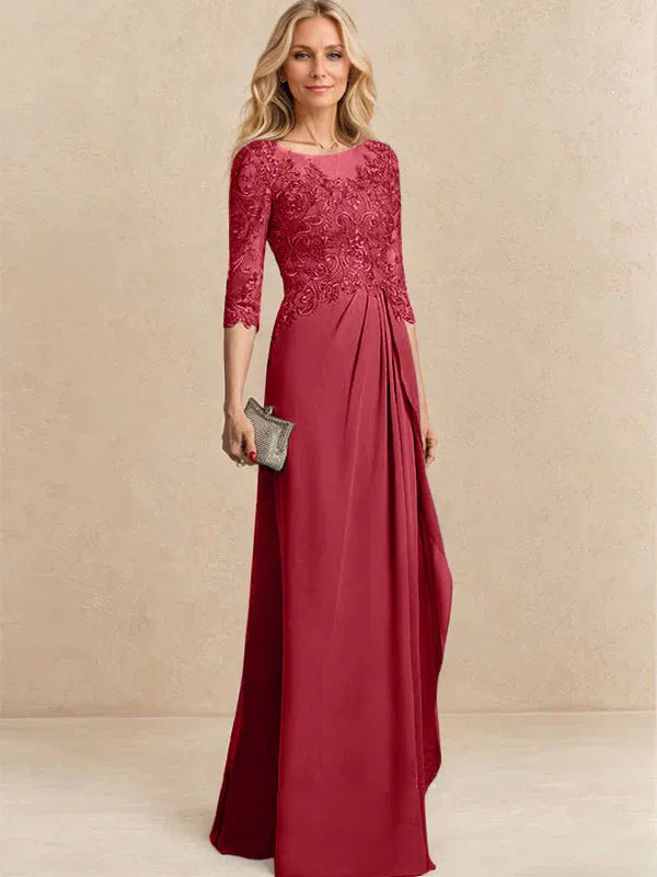 A-line Scoop Illusion Floor-Length Chiffon Lace Mother of the Bride Dress With Beading Sequins Cascading Ruffles
