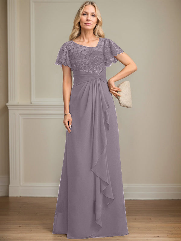 A-line Asymmetrical Illusion Floor-Length Lace Chiffon Mother of the Bride Dress With Cascading Ruffles Sequins