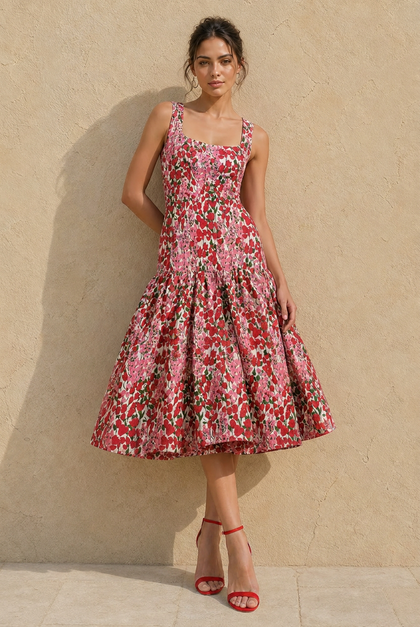 Pink Red Floral Print Square Neck Tiered Midi Dress