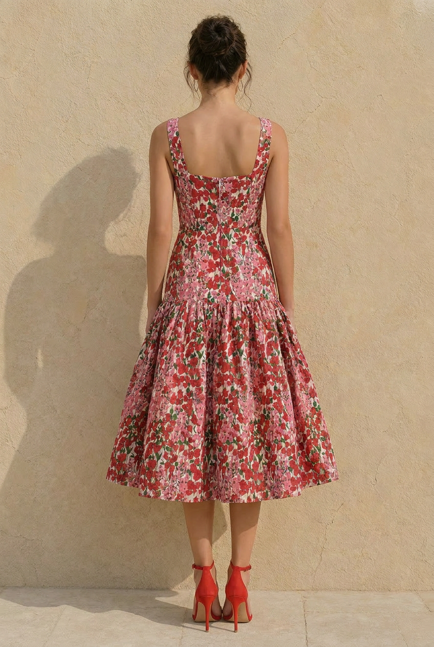 Pink Red Floral Print Square Neck Tiered Midi Dress
