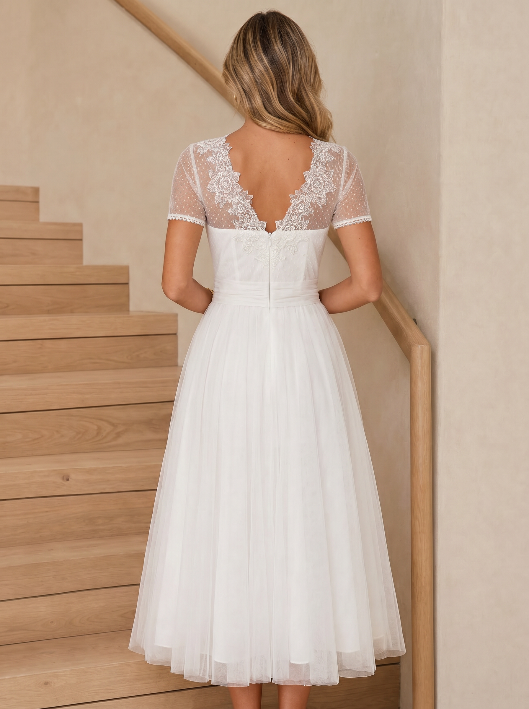 White Lace Tulle V Back Midi Dress with Short Sleeves