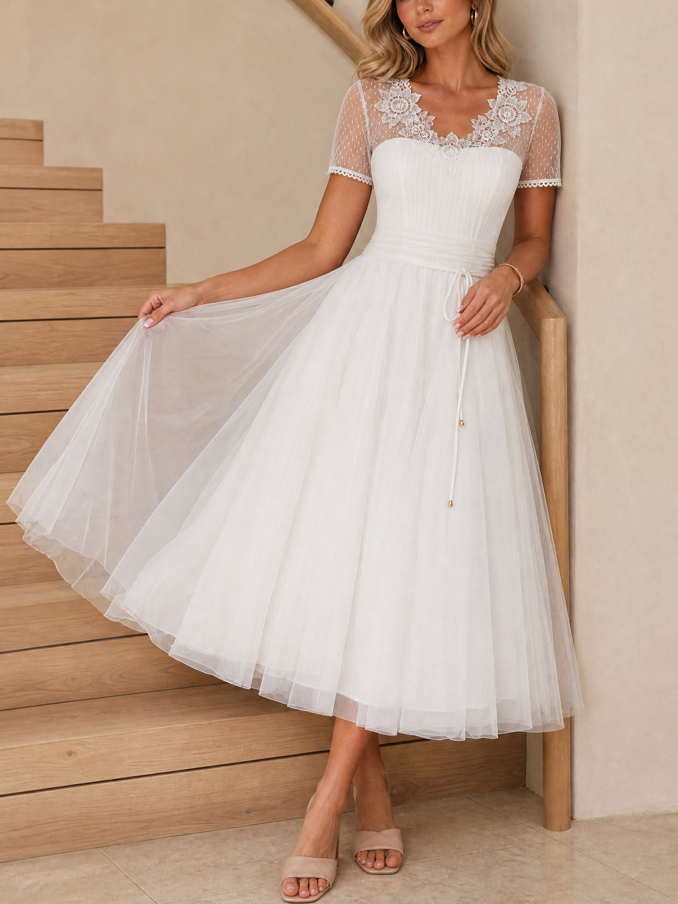 White Lace Tulle V Back Midi Dress with Short Sleeves
