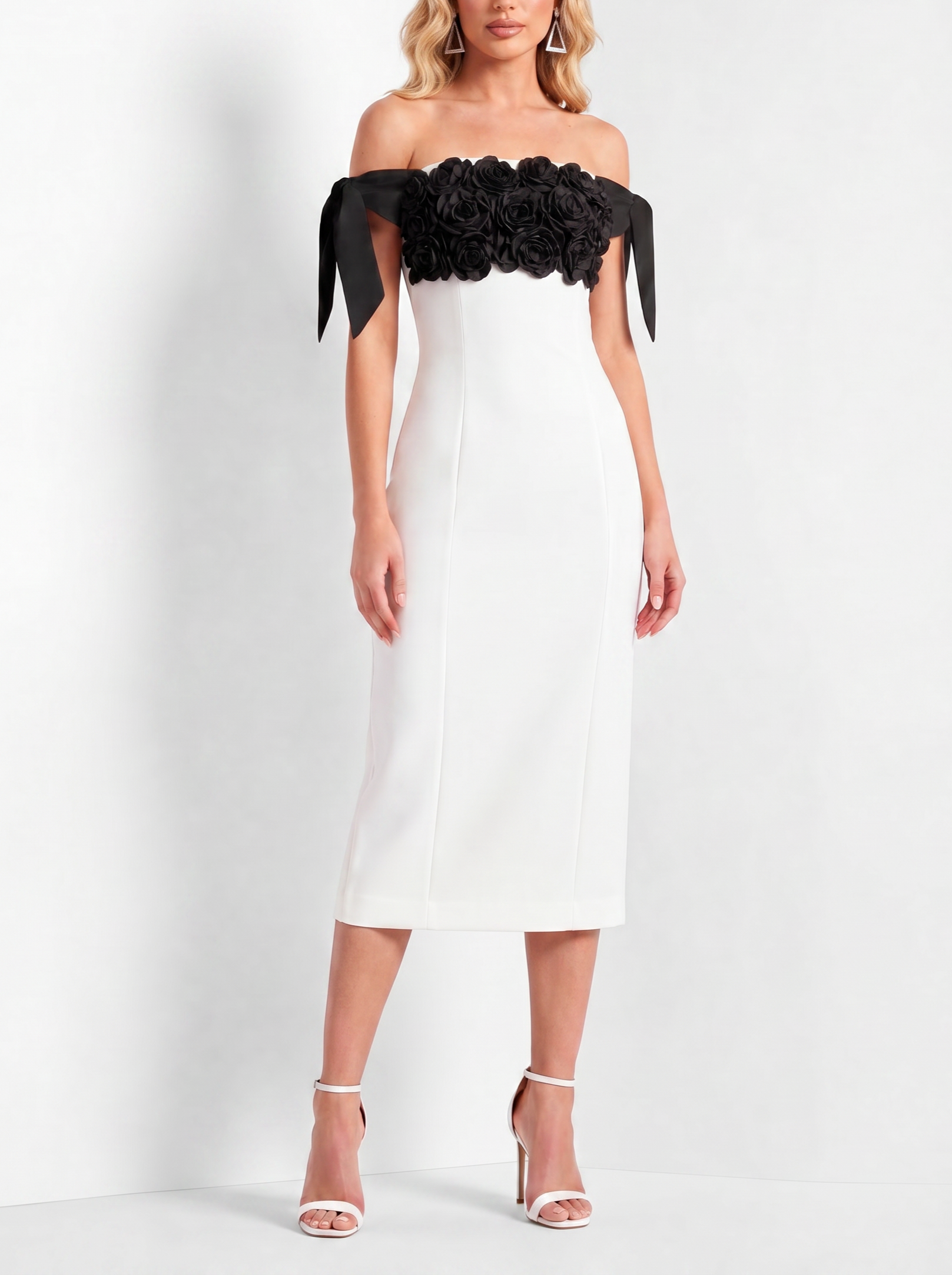 White Off-the-Shoulder 3D Floral Embellished Sheath Midi Dress