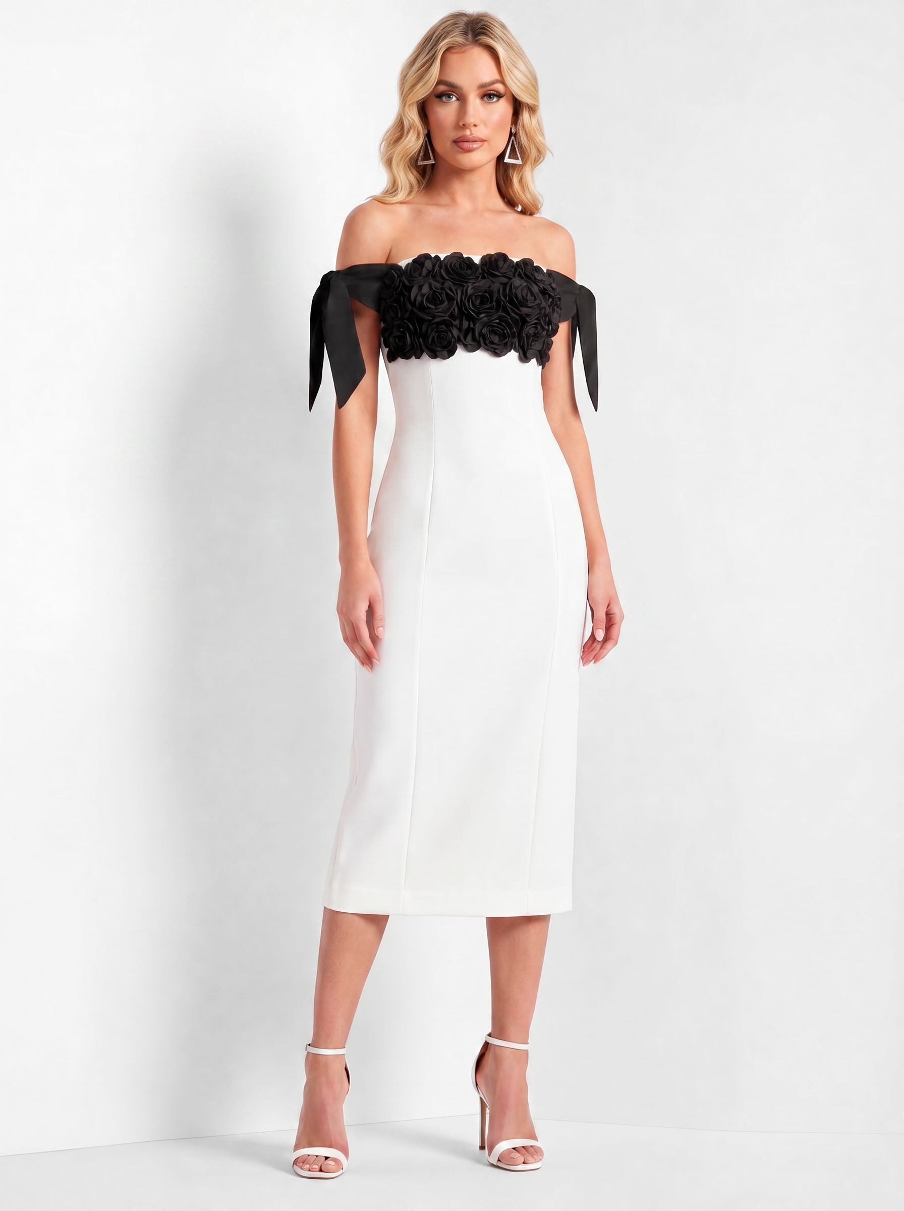 White Off-the-Shoulder 3D Floral Embellished Sheath Midi Dress