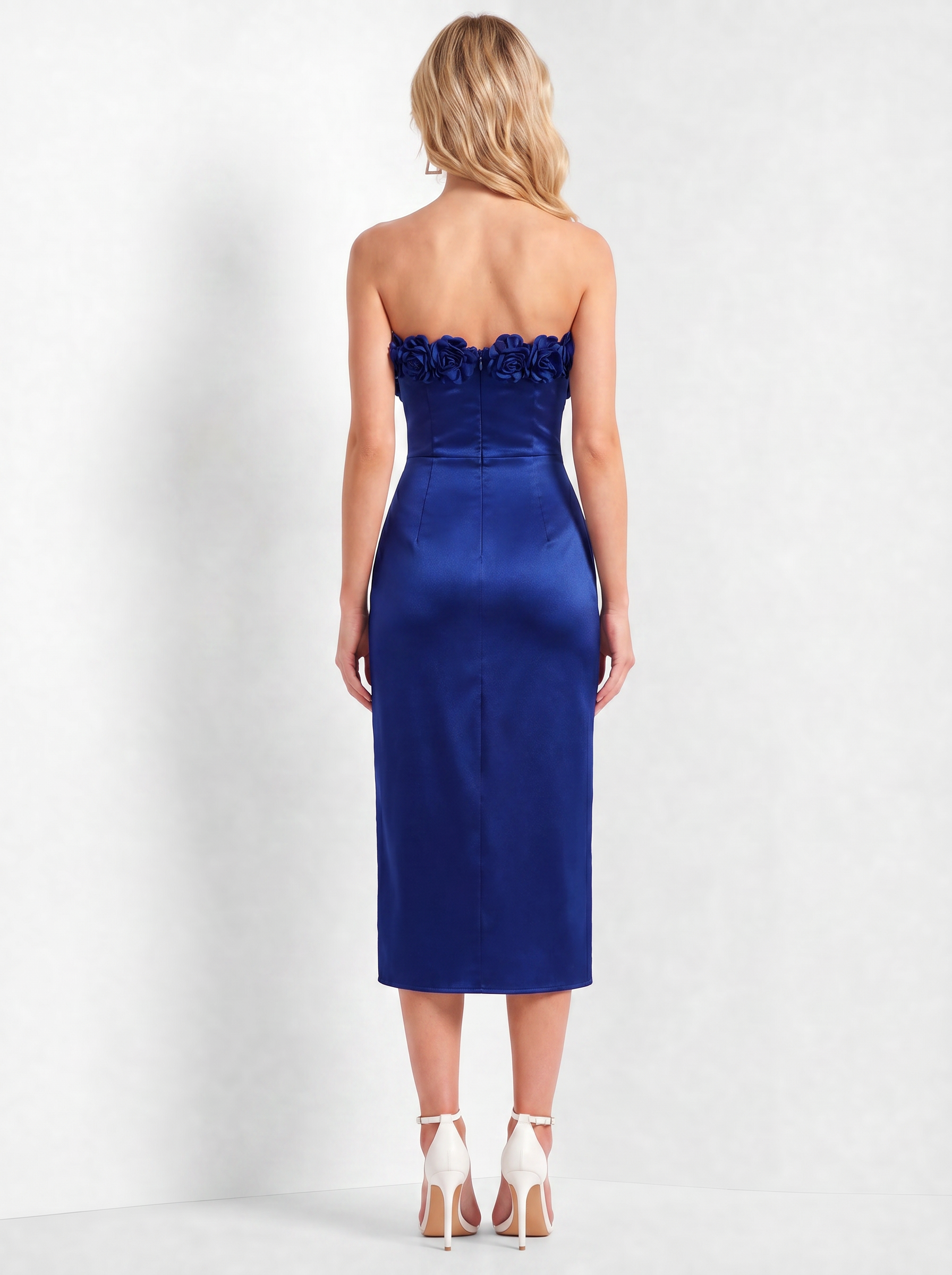 Royal Blue Strapless 3D Floral Embellished Satin Sheath Midi Dress