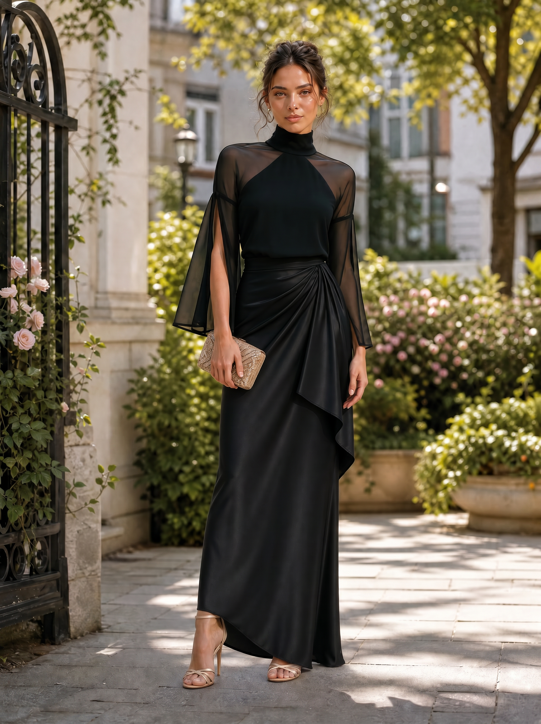 Black Sheer High Neck Flare Sleeve Satin Maxi Dress