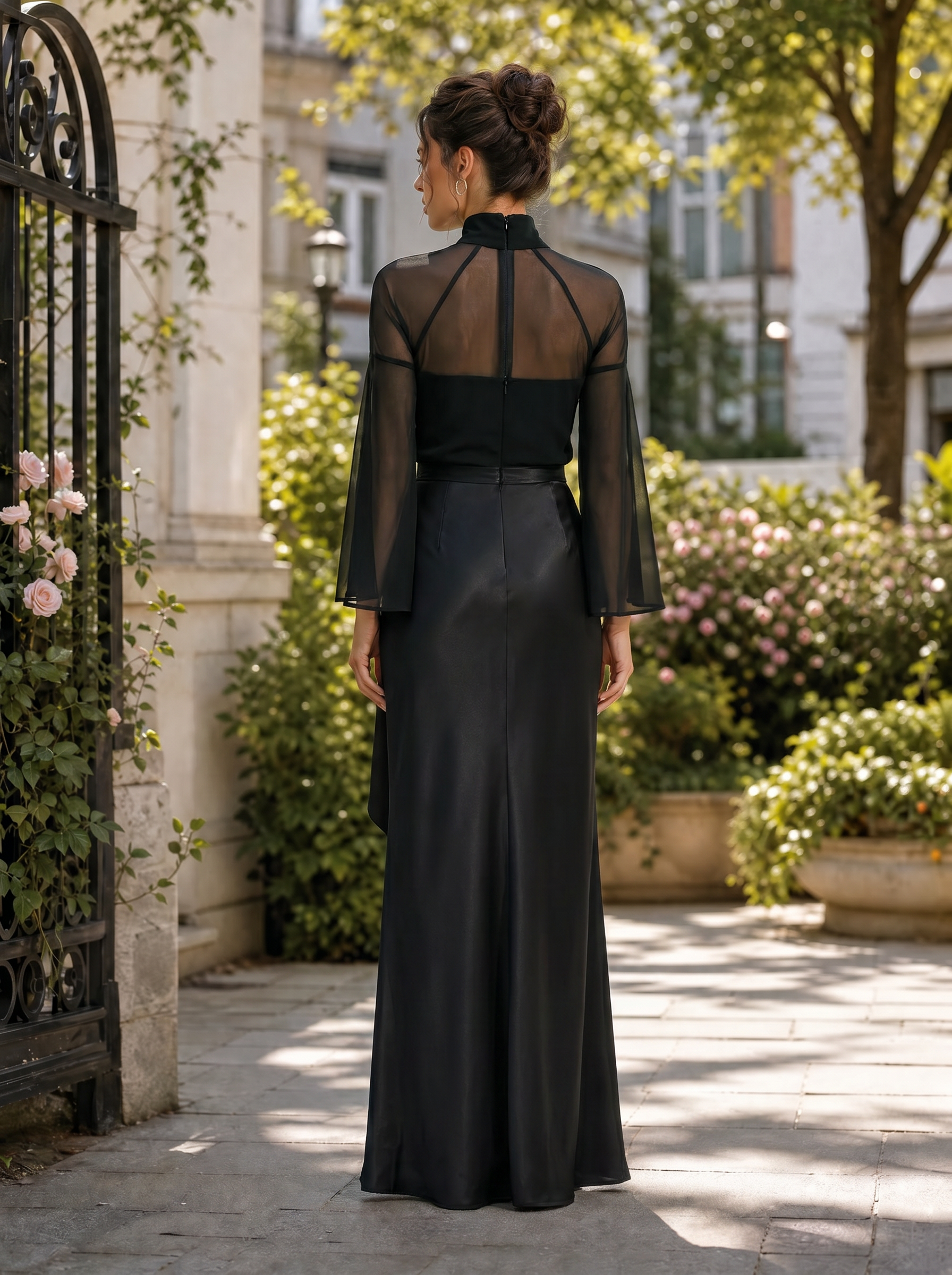 Black Sheer High Neck Flare Sleeve Satin Maxi Dress